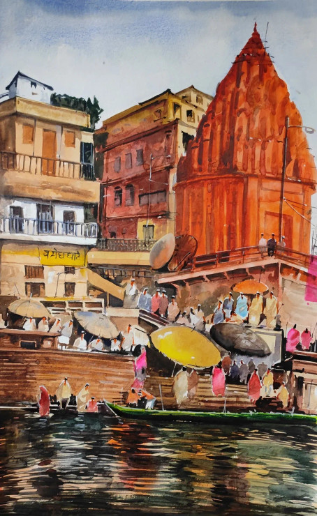 Banaras Ghat (PRT-7901-108011) - Canvas Art Print - 11in X 18in