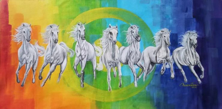 7 Horses Painting (ART-3674-107997) - Handpainted Art Painting - 48in X 24in
