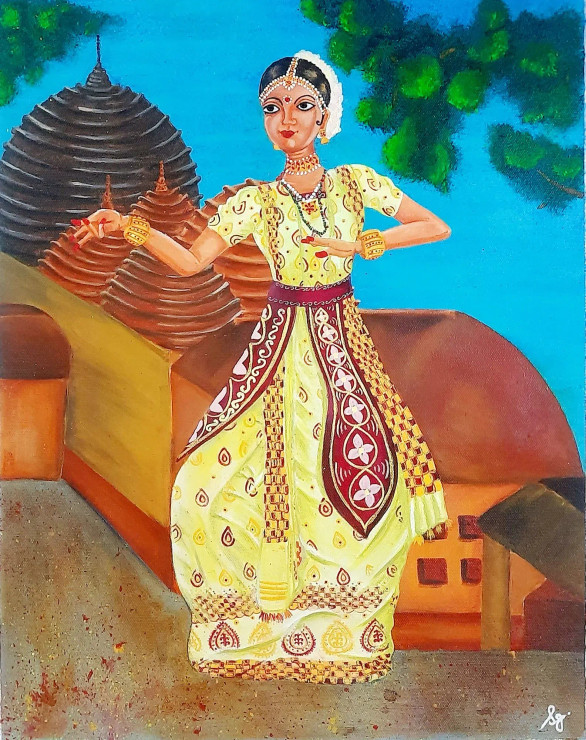 Indian Classical Dance Series: SATTRIYA (ART-8835-107988) - Handpainted Art Painting - 14in X 18in