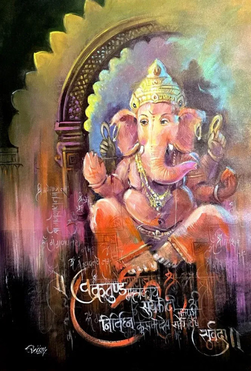 Shri Ganesh (ART-1038-108258) - Handpainted Art Painting - 24in X 36in
