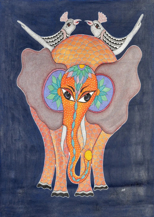 Gond Art Canvas Elephant Painting With 2 Bird (ART-16567-108298) - Handpainted Art Painting - 32in X 36in