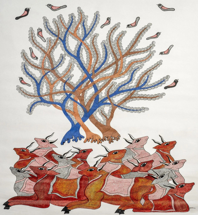 Gond Art Painting With Village Culture (ART-16567-108299) - Handpainted Art Painting - 36in X 47in
