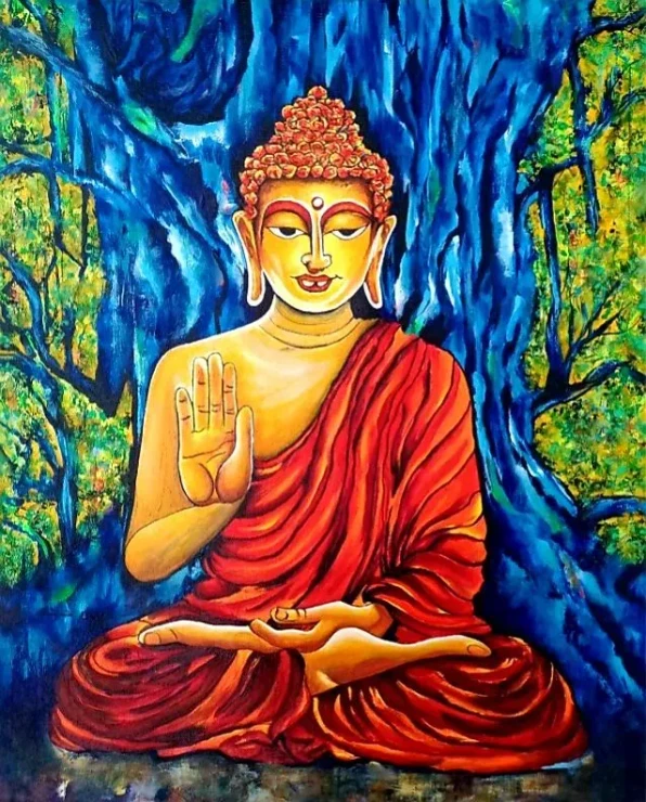Gautam Buddha Sitting Under A Tree Acrylic Painting (ART-8034-108263) - Handpainted Art Painting - 16in X 20in