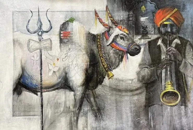 Shiv Nandi 11 (ART-1038-108256) - Handpainted Art Painting - 36in X 24in