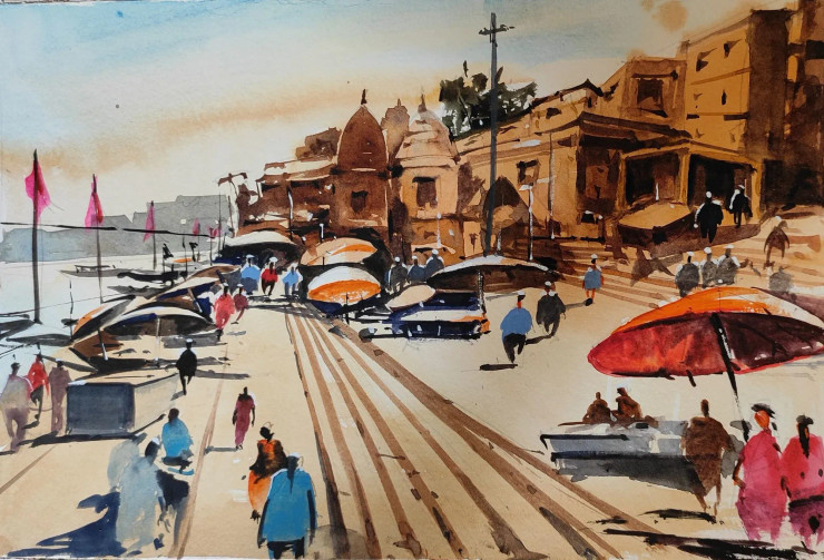 Banaras Ghat (PRT-7901-108355) - Canvas Art Print - 18in X 12in