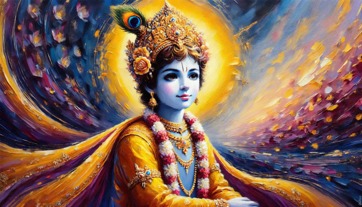 Krishna’s Golden Radiance: A Celestial Dance Of Color And Texture (PRT-15697-108357) - Canvas Art Print - 60in X 34in