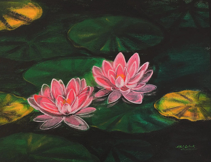 Waterlilies (ART-3512-108384) - Handpainted Art Painting - 15in X 11in