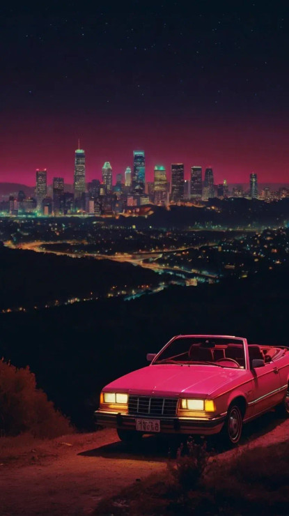 Classic Car On Hilltop Overlooking City Lights (PRT-16659-108482) - Canvas Art Print - 17in X 30in