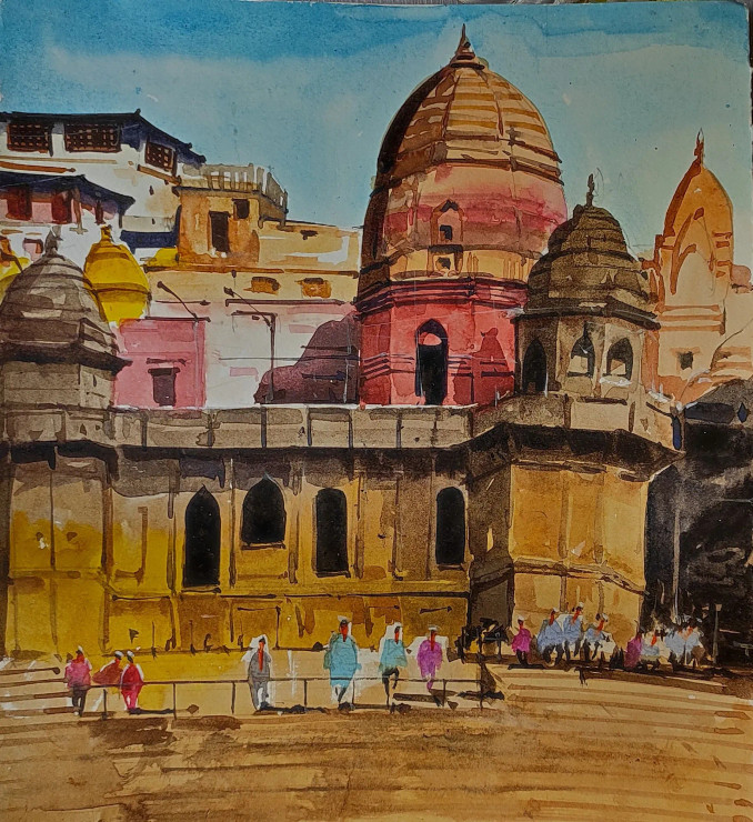 Banaras Ghat (PRT-7901-108499) - Canvas Art Print - 16in X 18in