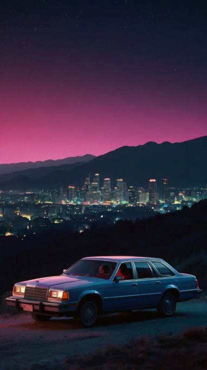 Classic Car On Hilltop Overlooking City Lights 1980s Nightscape (PRT-16659-108483) - Canvas Art Print - 20in X 36in