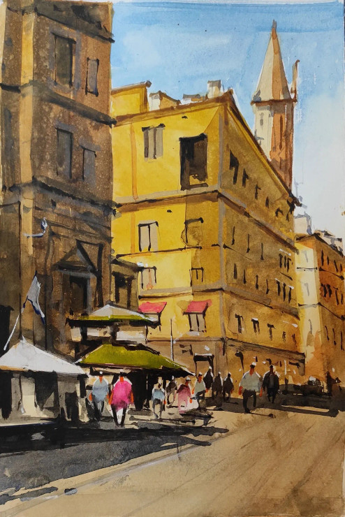 Yellow Building (ART-7901-108502) - Handpainted Art Painting - 8in X 11in