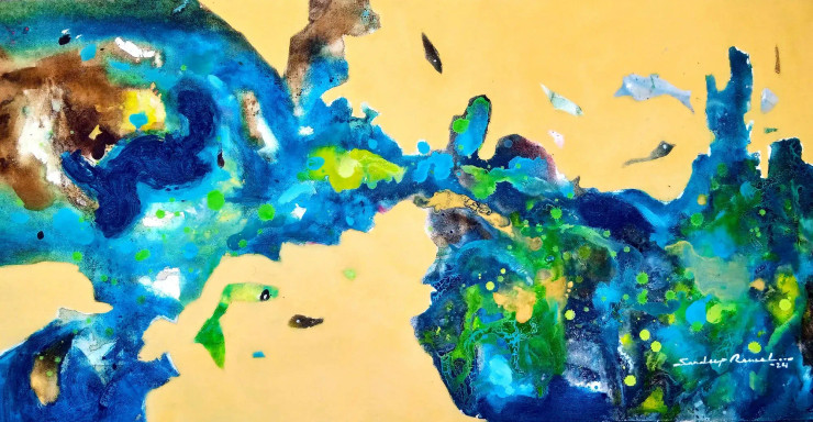 Supernatural World Underwater- Yellow Sea (ART-5244-108471) - Handpainted Art Painting - 38in X 19in
