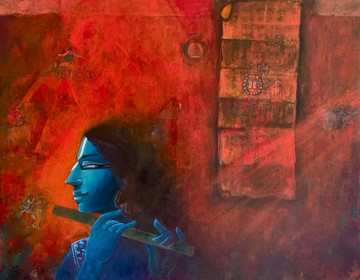 Krishnas Flute (ART-5220-108546) - Handpainted Art Painting - 46in X 36in