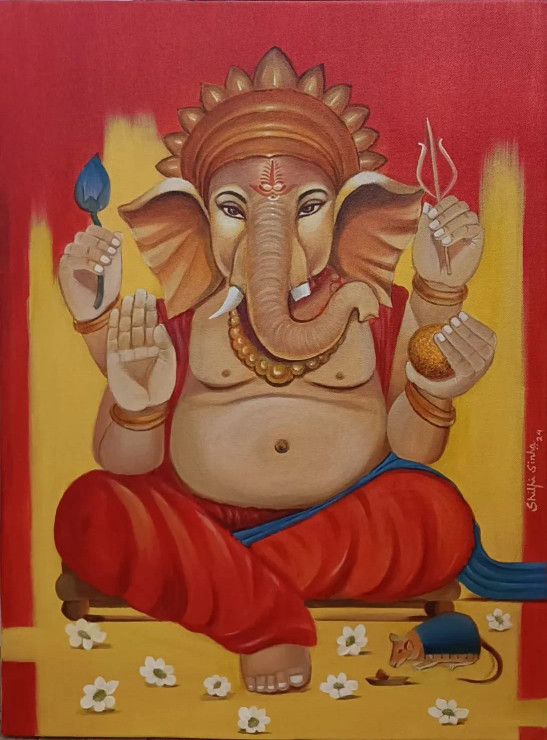 Ganapati (ART-16689-108552) - Handpainted Art Painting - 18in X 24in