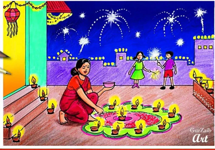 Diwali Painting (ART-16329-108645) - Handpainted Art Painting - 11in X 8in