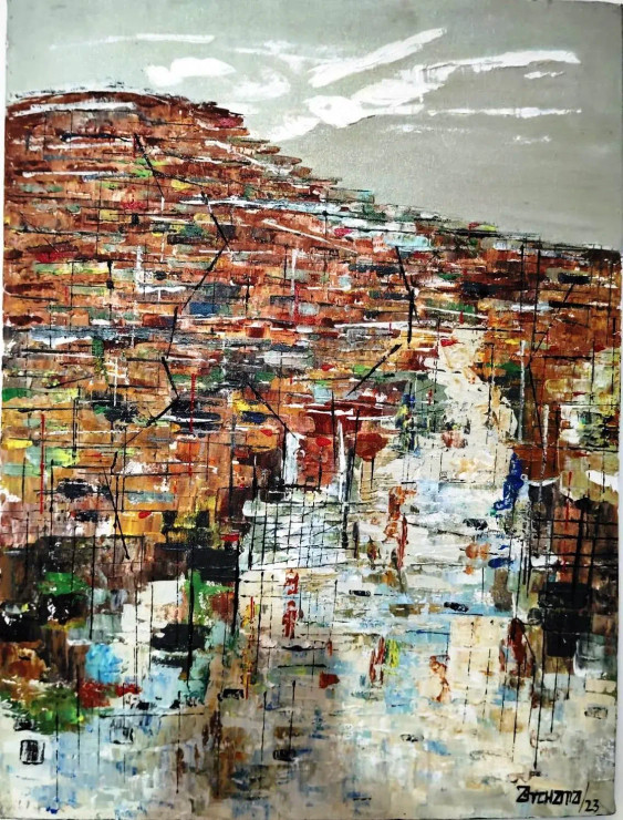 Cityscape (ART-8435-108638) - Handpainted Art Painting - 23in X 35in
