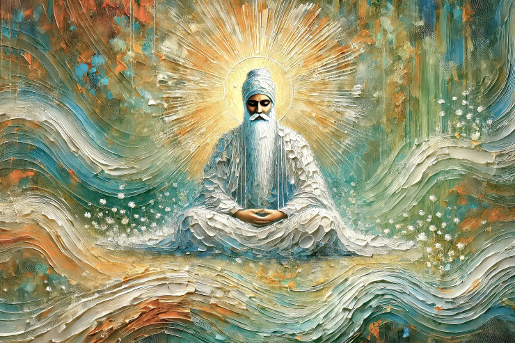 Light Of Meditation: Guru Nanak's Aura In A Celestial Abstraction (PRT-15697-108655) - Canvas Art Print - 60in X 40in