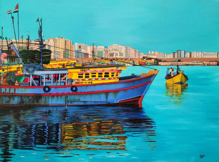 Vizag Harbour (ART-329-108672) - Handpainted Art Painting - 48in X 36in