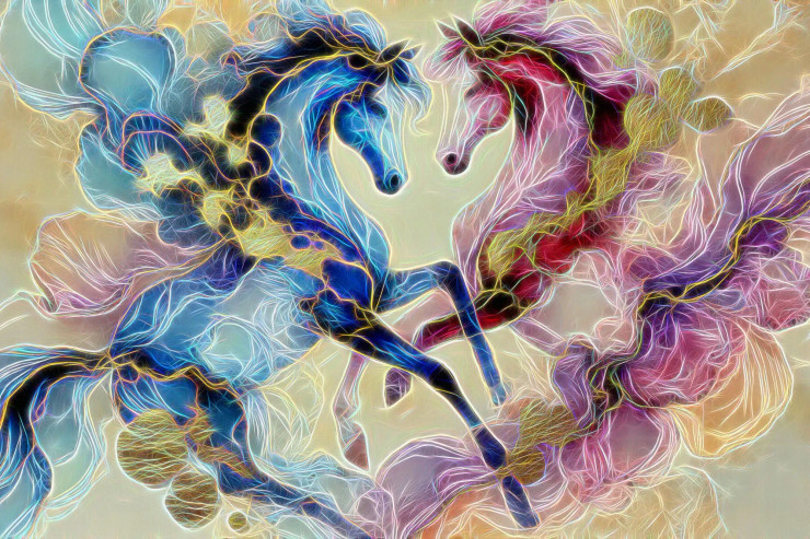 The Dance Of Sapphire And Gold: Horses In Liquid Motion (PRT-15697-108729) - Canvas Art Print - 36in X 24in