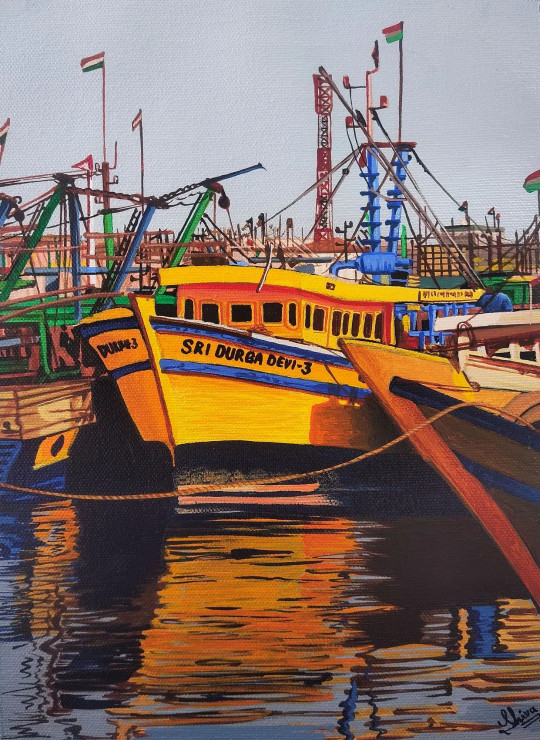 Vizag Harbour (ART-329-108824) - Handpainted Art Painting - 8in X 11in