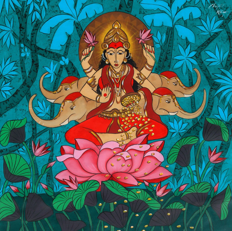 Gaja Laxmi (ART-3324-108827) - Handpainted Art Painting - 36in X 36in