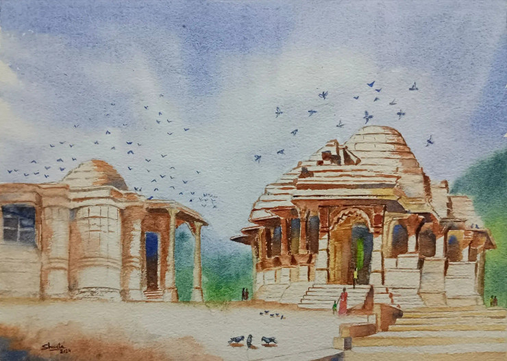 Sun Temple, Modhera (ART-16750-108913) - Handpainted Art Painting - 14in X 10in
