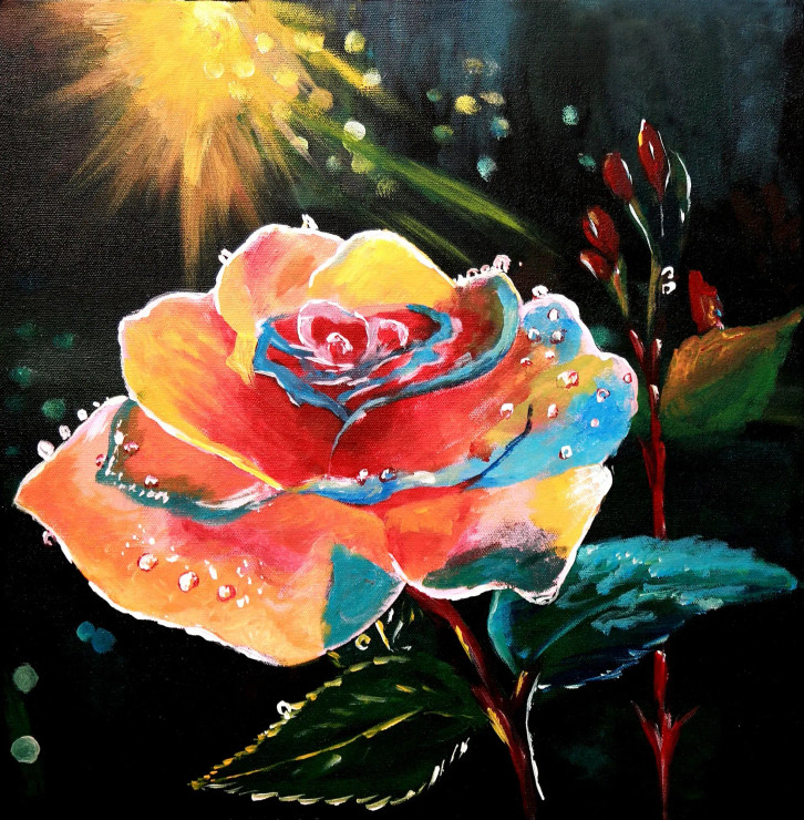 Radiant Rose In Dew (ART-16761-108941) - Handpainted Art Painting - 16in X 16in