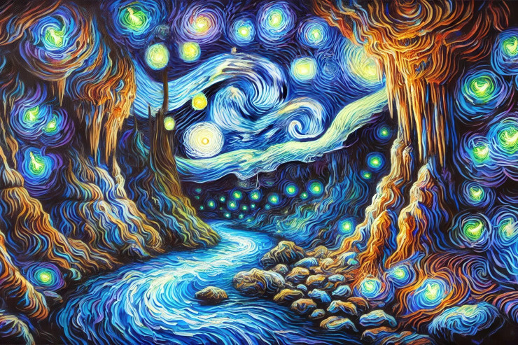 Enchanted Glow: A Dance Of Light In The Waitomo Caves (PRT-15697-108983) - Canvas Art Print - 60in X 40in