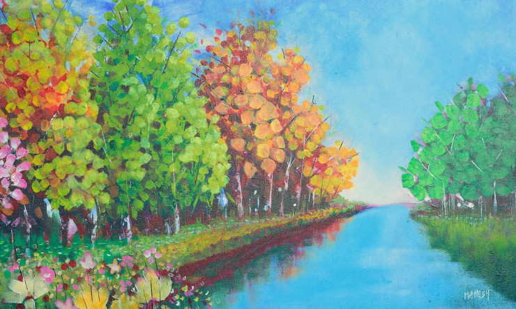 “Beautiful Fall Trees At Brooklet”  9243)- Abstract Landscape (ART-15639-108968) - Handpainted Art Painting - 30in X 18in