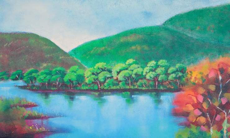 Mountain And Lake, (245) Landscape Abstract (ART-15639-108970) - Handpainted Art Painting - 30in X 18in