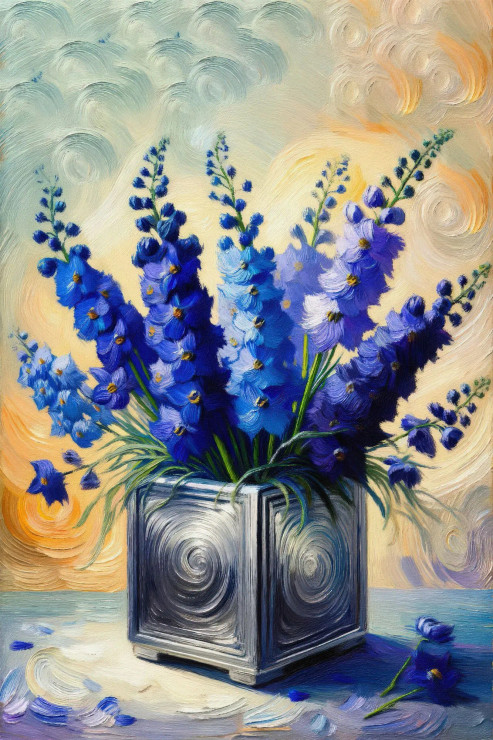 Regal Vibrance: Delphiniums In Silver Elegance (PRT-15697-109069) - Canvas Art Print - 40in X 60in
