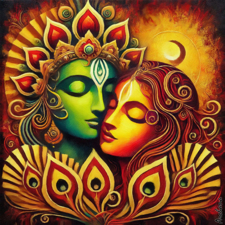 Masks Of Love: A Mystical Union Of Radha And Krishna (PRT-15697-109084) - Canvas Art Print - 60in X 60in