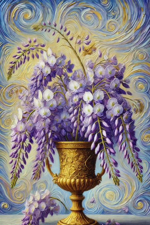 Cascading Elegance: Wisteria Blooms In A Golden Chalice (PRT-15697-109044) - Canvas Art Print - 40in X 60in
