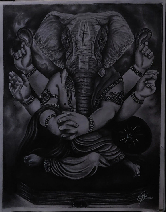 Lord Ganesha (ART-16759-108990) - Handpainted Art Painting - 25in X 34in