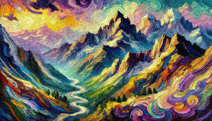 A Van Gogh-Inspired Journey Through The Majestic Himalayas At Dawn (PRT-15697-109212) - Canvas Art Print - 48in X 27in