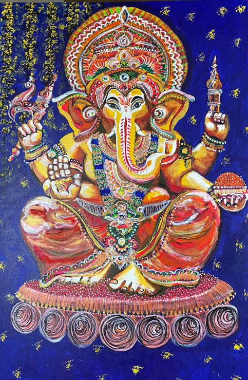 LORD GANESHA - ORIGINAL ACRYLIC PAITNING ON CANVAS (ART-1538-109378) - Handpainted Art Painting - 24in X 36in