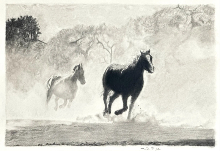 Running Horses With A Dust Effect (ART-15215-109392) - Handpainted Art Painting - 16in X 11in