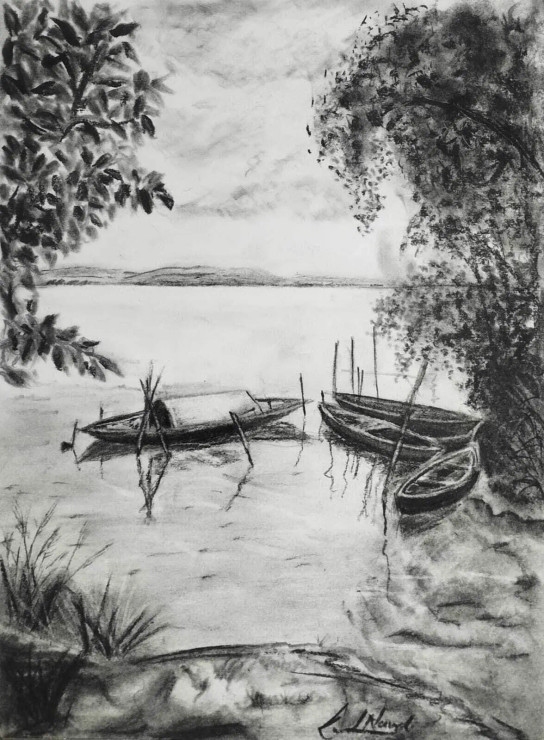 Boats In Holy Ganga (ART-15873-109455) - Handpainted Art Painting - 8in X 11in