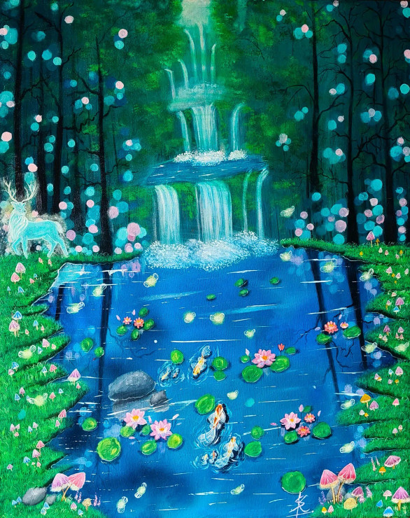 "Enchanting Survival: A Serene Oasis Of Nature's Beauty In Your Home" (ART-16784-109379) - Handpainted Art Painting - 18in X 22in