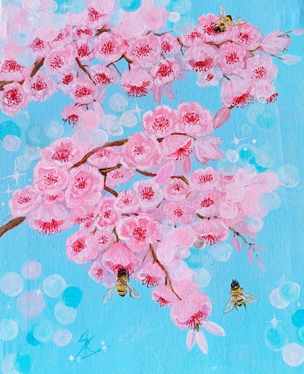 "Blooming Cherry Blossom Painting With Bees On Blue Background - Vibrant Floral Art (ART-16784-109442) - Handpainted Art Painting - 10in X 12in