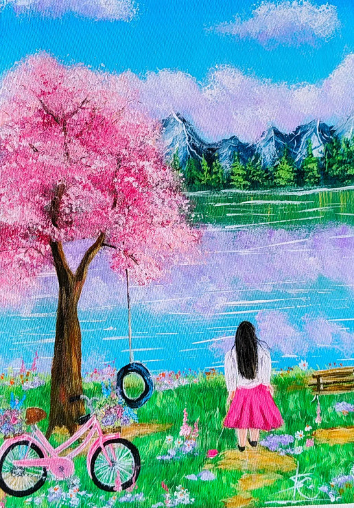 "Serene Spring Landscape: Girl By The Lake With Cherry Blossom Tree And Bicycle Painting" (ART-16784-109461) - Handpainted Art Painting - 9in X 11in