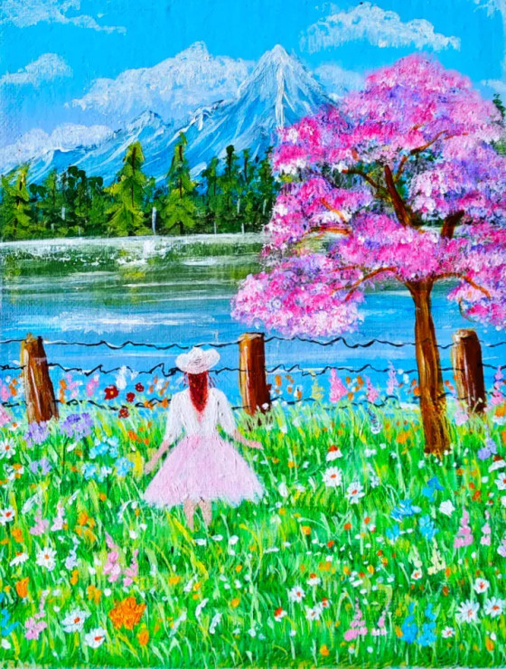 "Serene Landscape Painting: Woman In Pink Dress By Lake With Cherry Blossom Tree" (ART-16784-109346) - Handpainted Art Painting - 8in X 10in