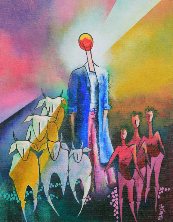 Rusticity Feminism Series,(265) Creative Conceptual On Canvas (ART-15639-109594) - Handpainted Art Painting - 14in X 18in