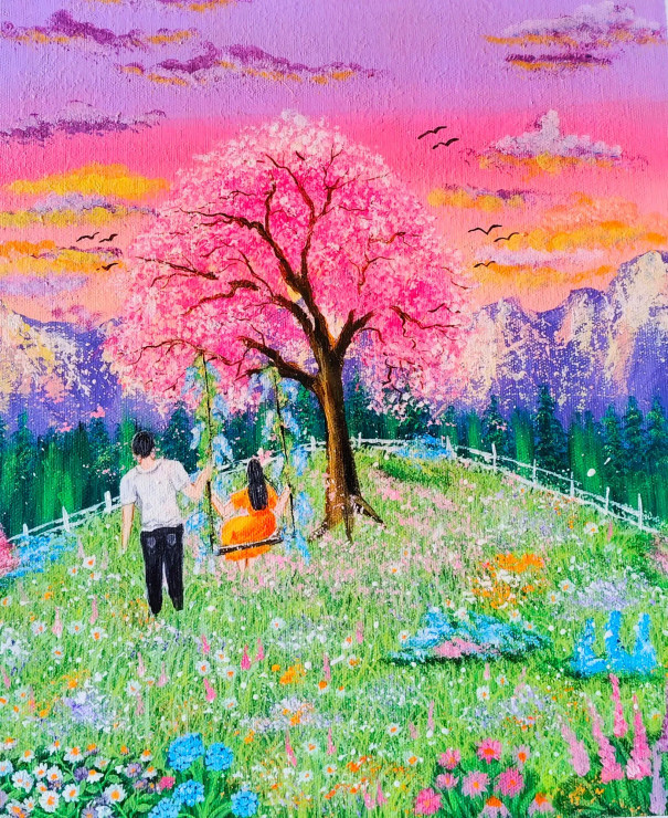 "Romantic Spring Evening: Blossom Tree Landscape Painting With Couple In Pastel Colors" (ART-16784-109443) - Handpainted Art Painting - 11in X 13in