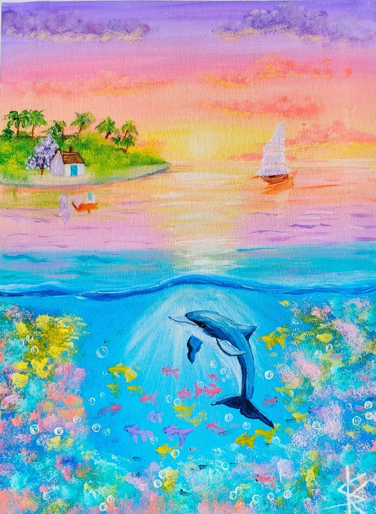 "Serene Coastal Landscape With Dolphin And Vibrant Underwater Scene - Original Acrylic Painting" (ART-16784-109400) - Handpainted Art Painting - 9in X 13in
