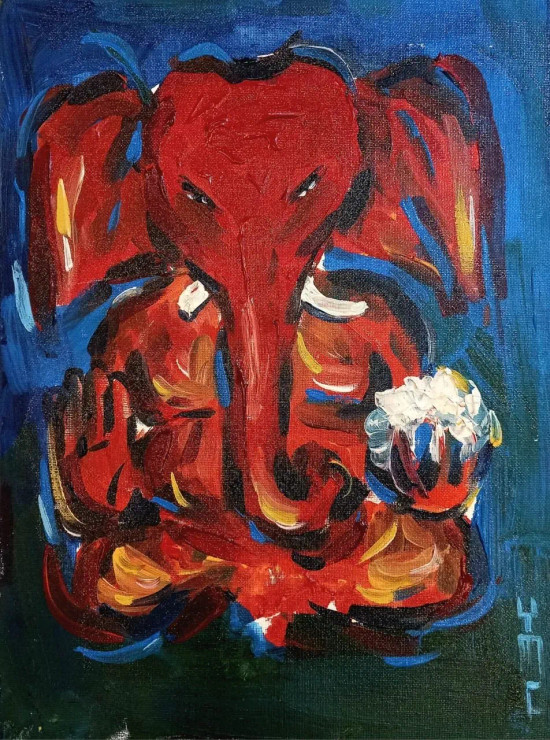 Red Ganesha! (ART-16821-109579) - Handpainted Art Painting - 12in X 16in