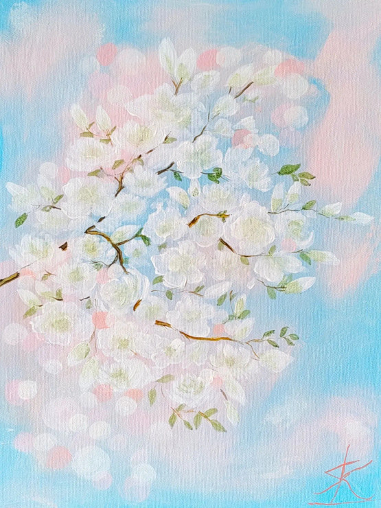 "Cherry Blossom Bloom: (ART-16784-109420) - Handpainted Art Painting - 11in X 14in