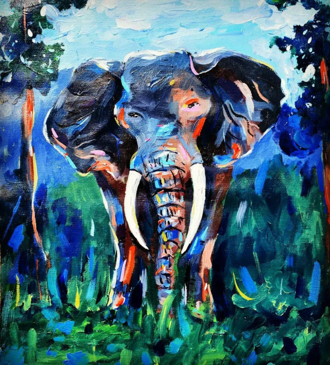 The Tusker. (ART-16821-109542) - Handpainted Art Painting - 12in X 14in