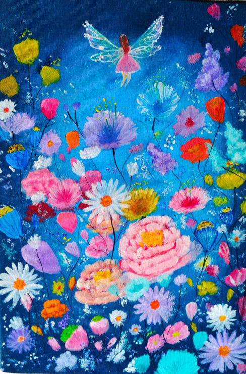 "Whimsical Floral Fairy Painting On Canvas - Colorful Garden Art For Home Decor" (ART-16784-109403) - Handpainted Art Painting - 10in X 14in