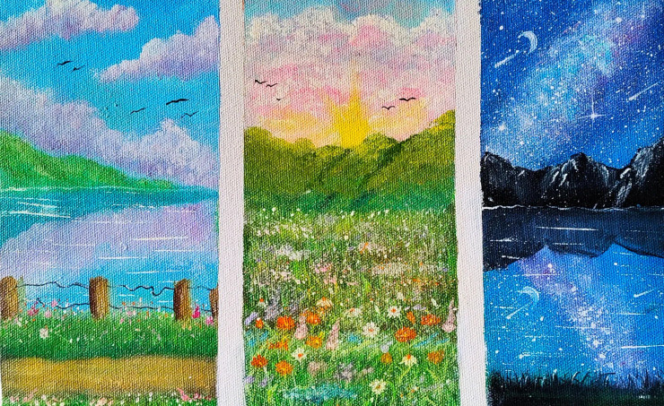 **"Tranquil Landscapes Triptych: Sunrise, Wildflower Meadow, And Starry Night Original Painting"** (ART-16784-109448) - Handpainted Art Painting - 12in X 8in